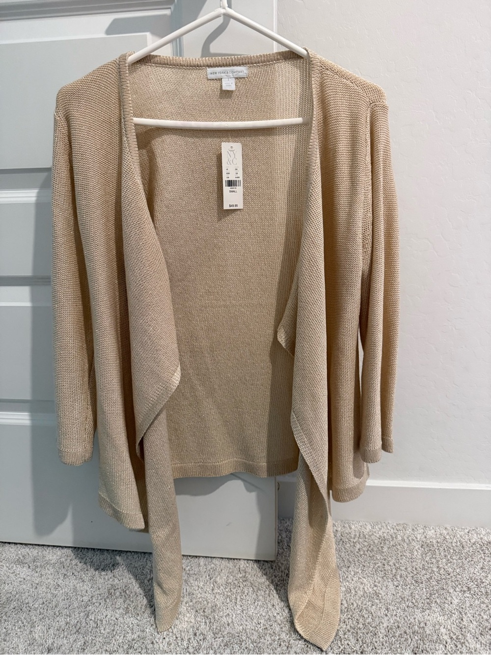 New York & Company Beige Sparkle Open-Front Draped Cardigan